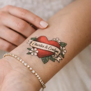 Personalized Retro Heart Temporary Tattoos - Custom Couple Names Party Favors for Anniversary or Wedding