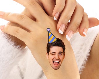 Custom Birthday Face Tattoos – Funny Photo Tattoo with Party Hat – Personalized Birthday Favors & Gifts
