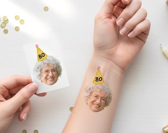 Custom Face Temporary Tattoo with Party Hat, Personalized Birthday Favor