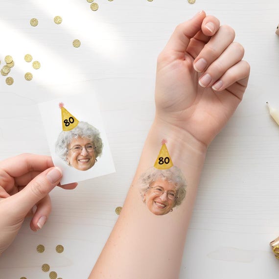 Custom Face Temporary Tattoo with Party Hat, Personalized Birthday Favor