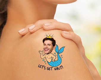 Funny Bachelorette Party Temporary Tattoo – Groom’s Face on Merman Body with “Let’s Get Nauti” Theme