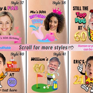 Peut inclure: Un collage de dix designs de tatouages d'anniversaire diff&eacute;rents avec une vari&eacute;t&eacute; de th&egrave;mes, y compris une sir&egrave;ne, un hot-dog, un golfeur et une pizza. Chaque design comprend un espace pour ajouter une photo. Le texte "Scroll for more styles" est inclus dans l'image.
