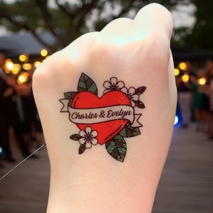 Custom Wedding Heart Tattoos with Couple's Names, Personalized Temporary Tattoos for Weddings, Anniversaries | Memorable Wedding Favors