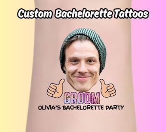 Puede incluir: Tatuajes temporales personalizados para una despedida de soltera con la cara de un novio y el texto "Groom" y "Olivia's Bachelorette Party".