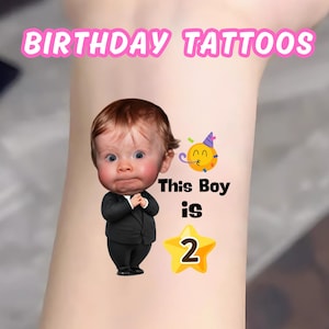 Custom Children‘s Birthday Tattoos, Face photo temporary tattoos, Personalized kids birthday party favors, fun birthday ideas, 1st birthday