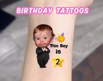 Tatuajes de cumpleaños infantiles personalizados, tatuajes temporales con fotos de rostros, regalos personalizados para fiestas de cumpleaños infantiles, ideas divertidas para cumpleaños, primer cumpleaños