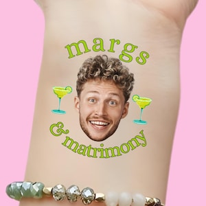 Margs Matrimony Bachelorette tattoos, Bachelorette party tattoos, Groom face, custom tattoo, face tattoo, Bride tattoo, party favors groom
