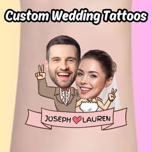 Hochzeitsparty Tattoo, Hochzeitsgeschenk Tattoo, temporäres Tattoo, Paar Tattoo individuell, individuelles Gesichtstattoo, individuelles Hochzeitsgeschenk, Tattoo Hochzeitskleid