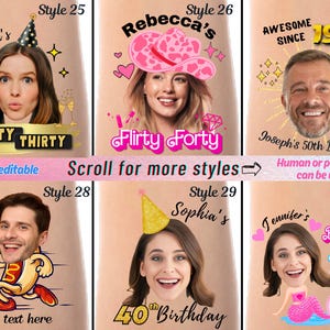 Peut inclure: Dix mod&egrave;les diff&eacute;rents de tatouages temporaires d'anniversaire personnalis&eacute;s. Chaque mod&egrave;le pr&eacute;sente un graphisme et un texte diff&eacute;rents, notamment "Dirty Thirty", "Flirty Forty", "Awesome Since 1975", "Look Who's 40" et "Birthday Bash".