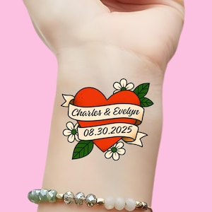 Heart Ribbon Temporary Tattoos with Bride and Groom&#39;s Names and Date, Best wedding favors, Unique wedding gift, Personalized wedding gift