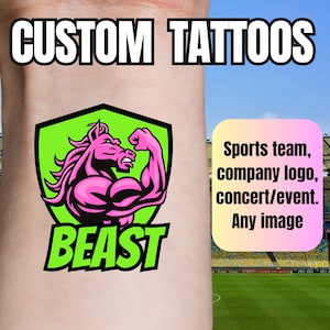 Custom Team Spirit Tattoos, Temporary Tattoos, Your Mascot Tattoo, Your Team Logo Tattoo, Company logo, Cheek tattoos, School spirit tattoos