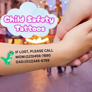 Custom Child Safety Temporary Tattoos with Phone Number – Child ID Tattoo for Travel, Allergy, Autism, Nonverbal, Emergency Contact Info