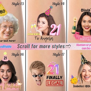 Peut inclure: Dix styles diff&eacute;rents de tatouages photo d'anniversaire personnalisables. Chaque design pr&eacute;sente un sch&eacute;ma de couleurs rose et or avec un chapeau d'anniversaire, un num&eacute;ro et un espace pour une photo. Le texte "Faites d&eacute;filer pour plus de styles" est &eacute;crit en rose et blanc.