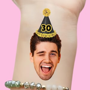 Funny Birthday Party Tattoos | Custom Face Cutout with Party Hat and Age | Unique Personalized Temporary Tattoos | Birthday Party Favors