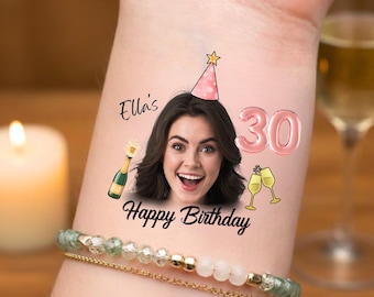 Custom Face Birthday Temporary Tattoos with Name and Age, Personalized Party Favors for Birthday Celebration