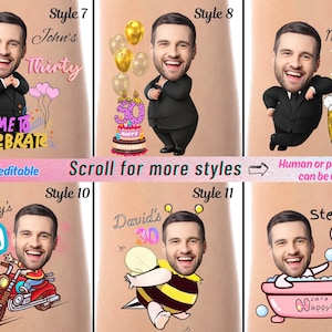 Peut inclure: Un collage de dix designs de tatouages d'anniversaire diff&eacute;rents mettant en sc&egrave;ne le visage d'une personne. Chaque design comprend un num&eacute;ro, du texte et un graphique. Les designs incluent une moto, une abeille, une baignoire, une chope &agrave; bi&egrave;re et un g&acirc;teau.