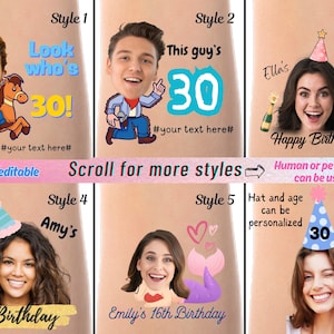 Peut inclure: Dix styles diff&eacute;rents d'accessoires de photomaton d'anniversaire mettant en sc&egrave;ne le visage d'une personne dans un style cartoon. Les accessoires comprennent un cow-boy &agrave; cheval, un homme tenant un microphone, une femme avec un chapeau de f&ecirc;te, une queue de sir&egrave;ne et une femme avec un chapeau de f&ecirc;te. Le texte sur les accessoires comprend "Look who's 30!", "This guy's 30", "Happy Birthday", "Amy's 30th Birthday", et "Emily's 16th Birthday".