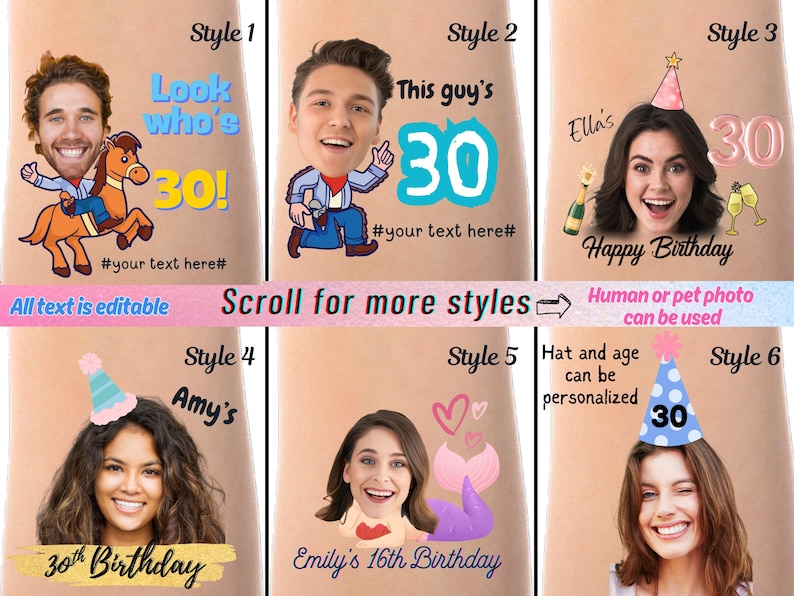 Peut inclure: Dix styles diff&eacute;rents d'accessoires de photomaton d'anniversaire mettant en sc&egrave;ne le visage d'une personne dans un style cartoon. Les accessoires comprennent un cow-boy &agrave; cheval, un homme tenant un microphone, une femme avec un chapeau de f&ecirc;te, une queue de sir&egrave;ne et une femme avec un chapeau de f&ecirc;te. Le texte sur les accessoires comprend "Look who's 30!", "This guy's 30", "Happy Birthday", "Amy's 30th Birthday", et "Emily's 16th Birthday".
