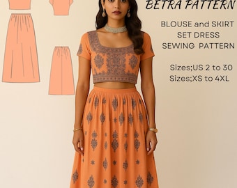 Blouse and Skirt Set Dress Sewing Pattern : Anarkali,Indian Lehanga Choli, XS-4XL (PDF Pattern)