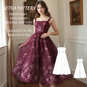Patrón de costura para vestido de hada de graduación, vestido de tul, vestido de compromiso, vestido de gala, vestido midi, vestido de noche, tallas A0, A4 (carta estadounidense), tallas 2 a 30, tallas XS a 4XL.