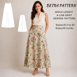Peut inclure: Patron de couture Betra Pattern pour jupe trapèze longueur cheville, tailles US 2 à 30 et XS à 4XL. La jupe présente une base crème avec un imprimé floral multicolore, une taille haute et des poches latérales. Inclut deux schémas en ligne blanche.