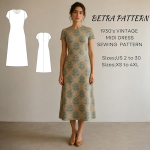May include: A woman wears a midi dress with a floral design. The dress is a vintage 1930s style, featuring short sleeves and a fitted bodice. The image includes a pattern diagram and text that reads "BETRA PATTERN 1930's VINTAGE MIDI DRESS SEWING PATTERN Sizes: US 2 to 30 Sizes: XS to 4XL."