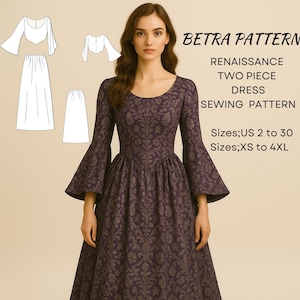 May include: A woman wearing a dark purple Renaissance dress with long bell sleeves and a floral pattern. The image includes a sewing pattern with the text "BETRA PATTERN RENAISSANCE TWO PIECE DRESS SEWING PATTERN" and size information.