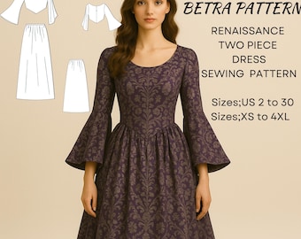 Può includere: Una donna indossa un abito rinascimentale viola scuro con maniche a campana e un motivo floreale. L'immagine include un modello di cucito con il testo "BETRA PATTERN RENAISSANCE TWO PIECE DRESS SEWING PATTERN" e informazioni sulle taglie.