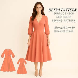 Peut inclure: Une robe midi corail avec un col cache-cœur et des manches trois-quarts. La robe présente une taille ajustée et une jupe évasée. L'image comprend le texte "BETRA PATTERN SURPLICE NECK MIDI DRESS SEWING PATTERN" et des informations de taille.