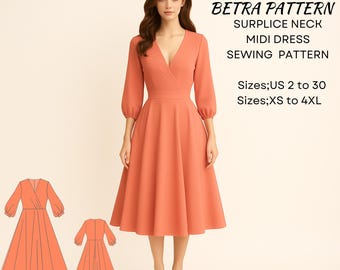 Schnittmuster für elegantes Midikleid, Surplice-Ausschnitt, Puffärmel (A0, A4-US Letter)