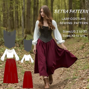 May include: A sewing pattern for a medieval-style costume, featuring a burgundy skirt, a black bodice, and a white blouse with puffed sleeves. The pattern is available in sizes US 2 to 30 and XS to 4XL. The pattern is called "Betra Pattern" and is for a LARP costume.