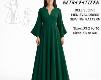 Bell Sleeve Medieval Dress Sewing Pattern: Maxi XS-4XL (Digital Download)