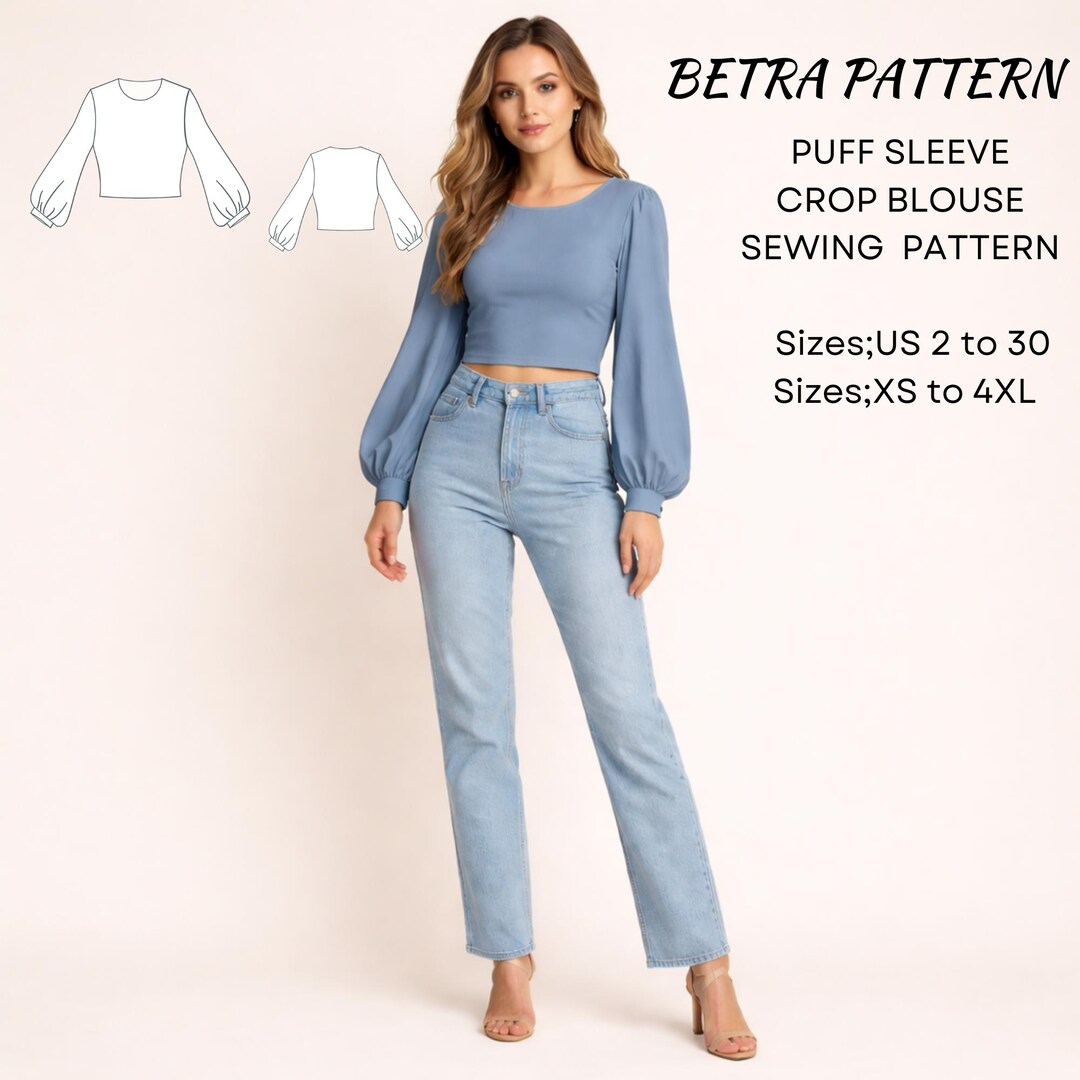 Puff Sleeve Crop Blouse Sewing Pattern – Long Sleeve Style – PDF A0/A4 ...