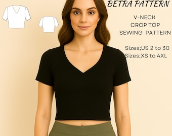 Naaipatroon crop top met V-hals: basis-T-shirt dames (maten XS-4XL) (pdf-patroon)