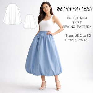 Könnte beinhalten: Eine Frau trägt einen hellblauen Bubble-Midi-Rock. Das Bild zeigt ein Schnittmuster mit dem Text "BETRA PATTERN" und "BUBBLE MIDI SKIRT SEWING PATTERN". Größen: US 2 bis 30 und XS bis 4XL.