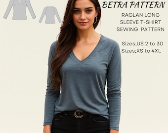 Raglan Ärmel T-Shirt Schnittmuster: Damen-Größen XS-4XL (A4/US Letter/A0) (PDF-Muster