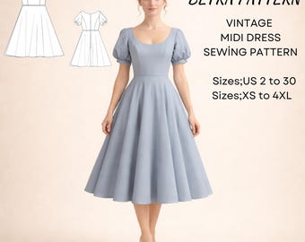 Vintage Midi Dress Sewing Pattern – Wide Scoop Neck Style – PDF A0/A4 US 2-30