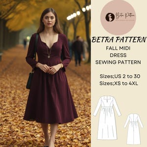 Patrón de costura de vestido midi fruncido de otoño, vestido de manga larga, patrón de costura de vestido fácil, vestido casual, tamaño A0, A4-US, talla 2 a 30, XS-4XL