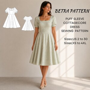 May include: A light green cottagecore dress with a square neckline and puff sleeves. The dress features a floral pattern and a flared skirt. The image also includes a sewing pattern with the text "BETRA PATTERN" and size information.