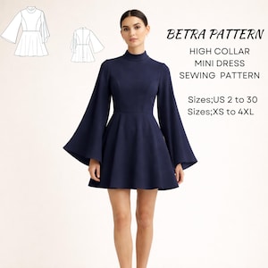 Könnte beinhalten: Ein marineblaues Minikleid mit hohem Kragen und ausgestellten Ärmeln. Das Kleid wird von einer Person getragen. Das Bild enthält auch eine Strichzeichnung des Kleides und den Text "BETRA PATTERN HIGH COLLAR MINI DRESS SEWING PATTERN Größen; US 2 bis 30 Größen; XS bis 4XL."