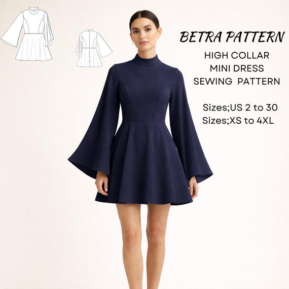 High-collar Mini Dress Sewing Pattern  Bell Sleeve  PDF A0/A4 US 2-30 -  Etsy