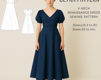 May include: A navy blue V-neck Renaissance dress with short, puffed sleeves. The image includes a sewing pattern illustration and text that reads "BETRA PATTERN, V-NECK RENAISSANCE DRESS SEWING PATTERN, Sizes: US 2 to 30, Sizes: XS to 4XL."
