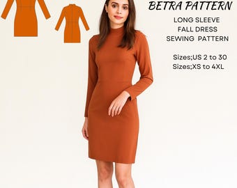 Long Sleeve Fall Dress Sewing Pattern: Above Knee, XS-4XL (PDF Pattern)