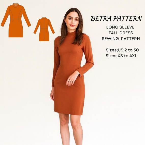 Long Sleeve Fall Dress Sewing Pattern: Above Knee, XS-4XL (PDF Pattern) -  Etsy