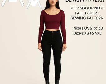 Mönster för höstt-shirt med djup rund halsringning: Slim fit, långärmad, XS-4XL (PDF digital)