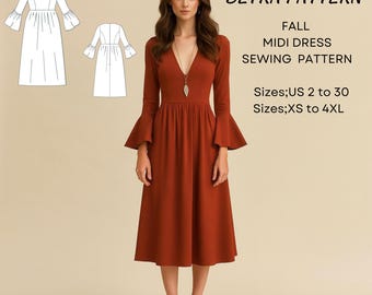 Ruffle Sleeve Midi Dress Sewing Pattern: Curved V-neck (A4, A0, US Letter) (PDF Pattern)