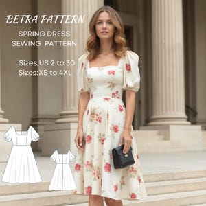 Patrón de costura para vestido de primavera, vestido con mangas abullonadas, vestido con cuello cuadrado, vestido floral, vestido por debajo de la rodilla, vestido de noche, tallas A0, A4-US, talla 2-30, XS-4XL