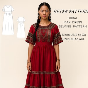 Bohemian Maxi Dress Sewing Pattern: Tribal Flared Sleeve Gown (PDF)