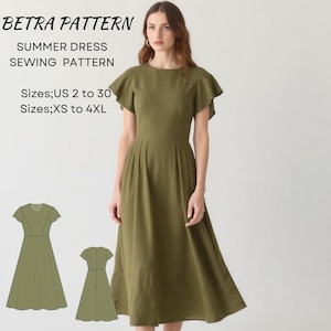 Summer Cottagecore Dress Sewing Pattern,Midi Dress,Flared Sleeve Dress,Half Circle Dress,Linen Dress,A0,A4-US Letter,US;2-30,XS-4XL