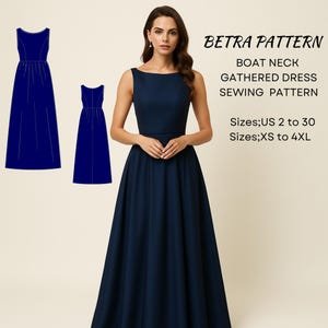 Boat Neck Gathered Dress Sewing Pattern: Maxi Ball Gown (A0, A4-US Letter)